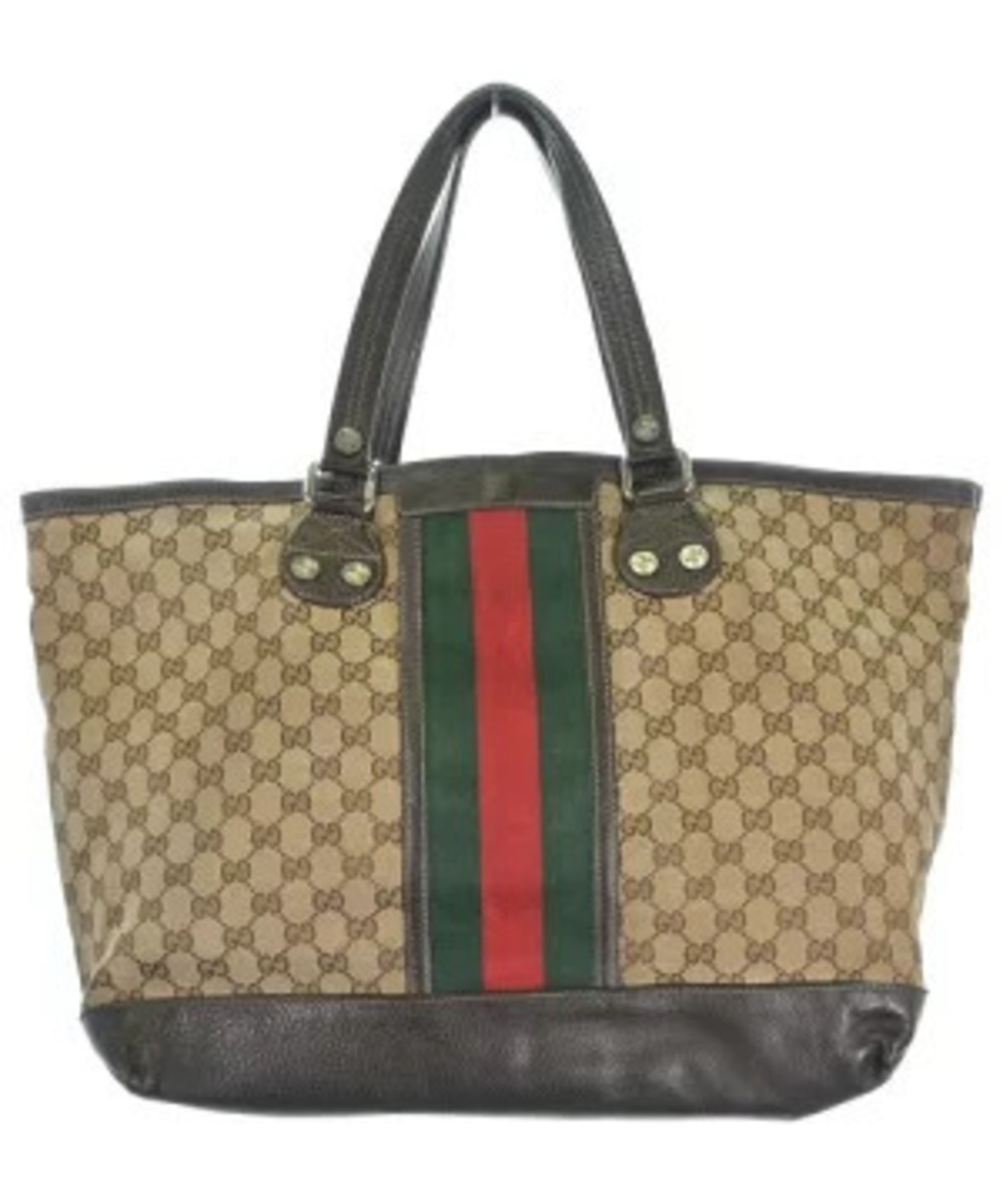 Gucci Web Stripe GG Canvas Leather Tote Bag Beige Tan Brown